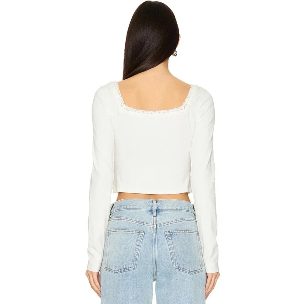 Free People Long Sleeve Lace Trim Crop Top Boho Ivory Size Large NEW